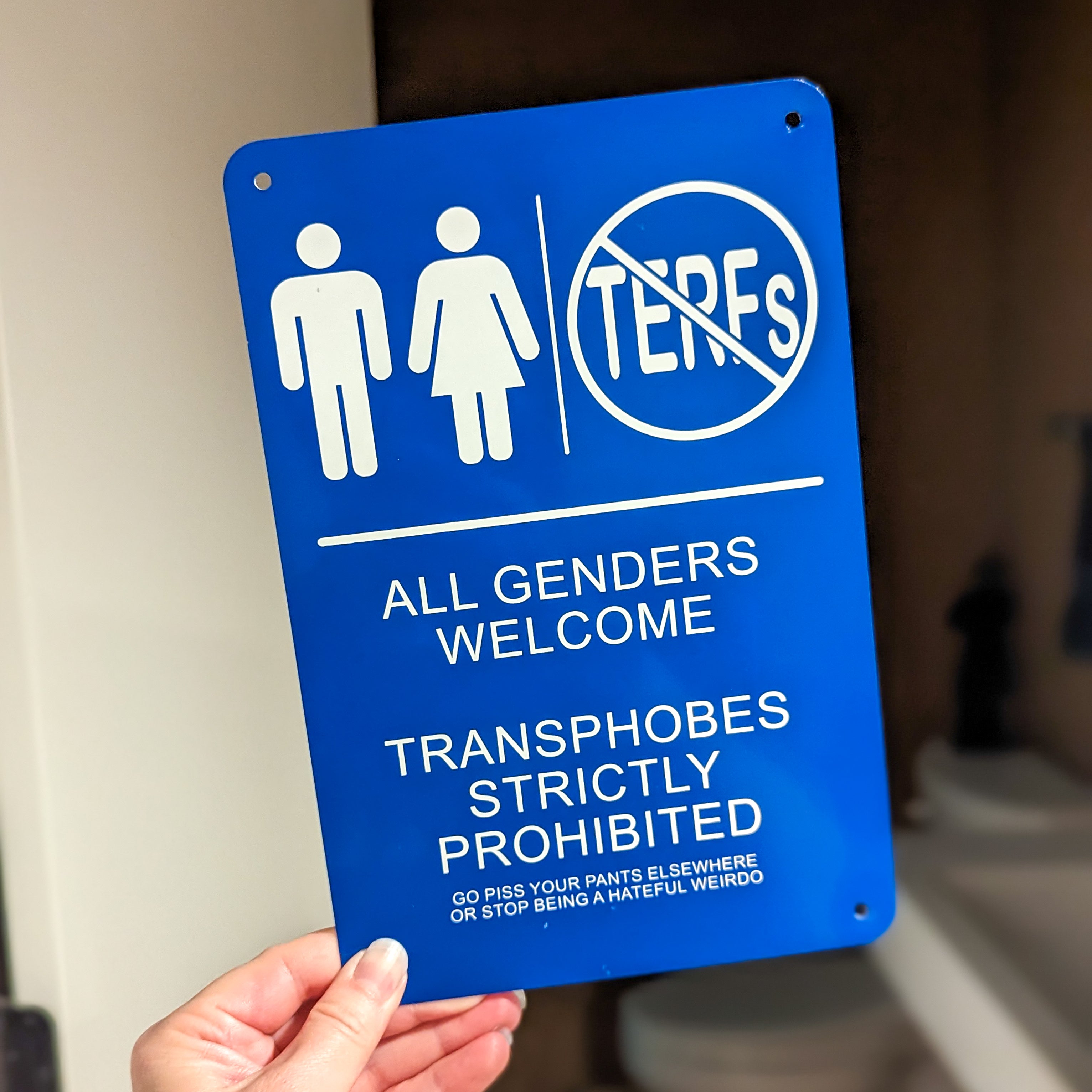 All Genders, No TERFs bathroom sign
