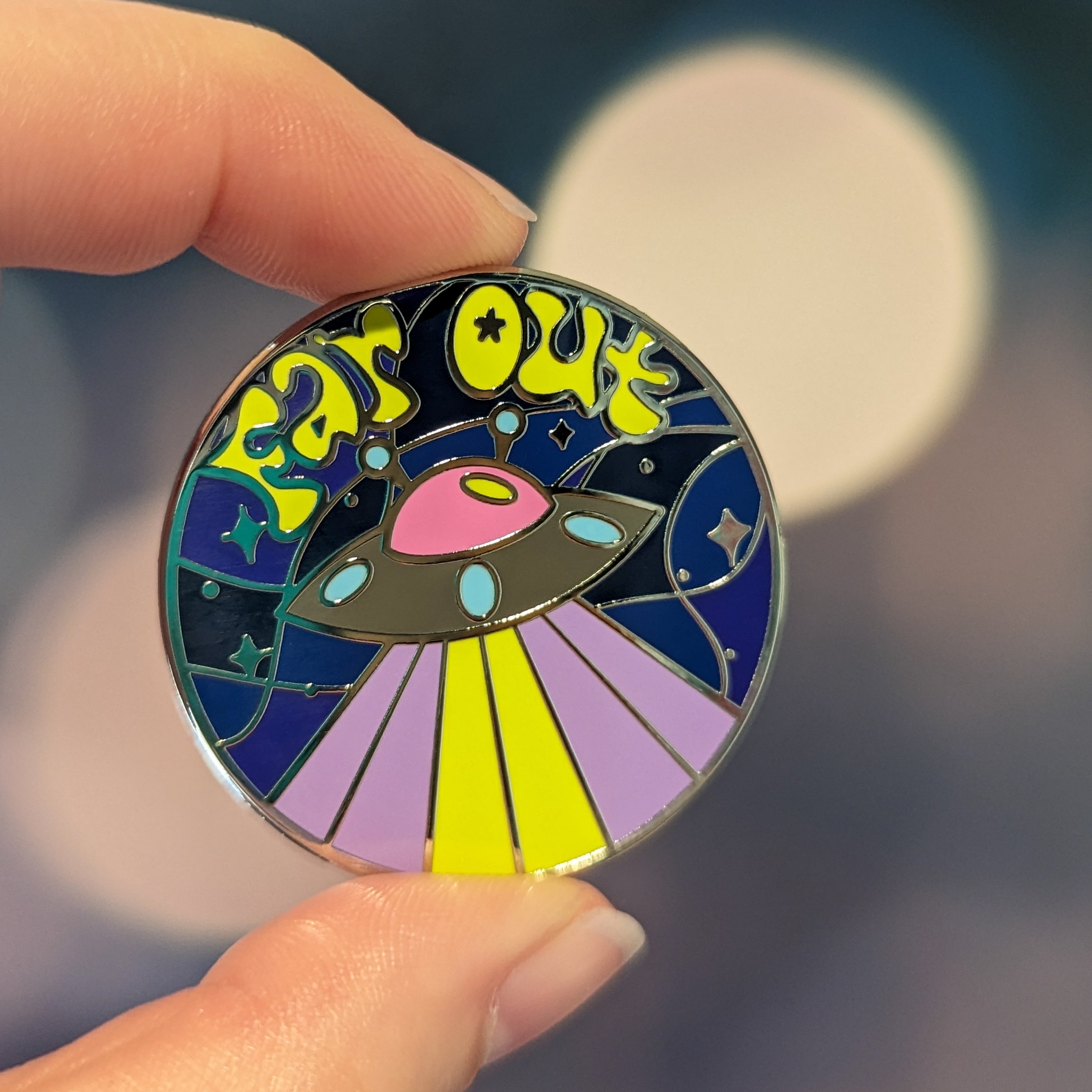 Far Out hard enamel pin (psychedelic version)