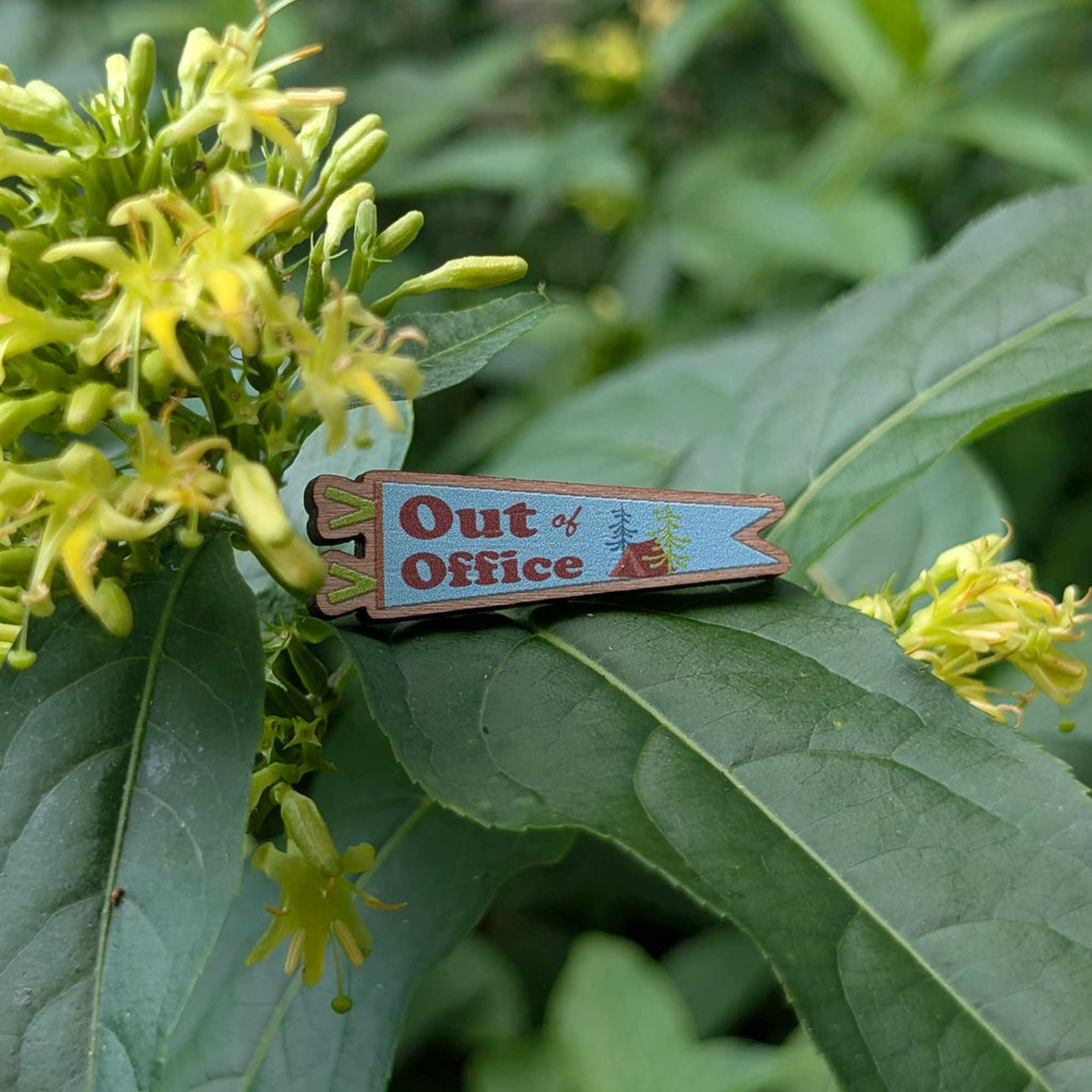Out Of Office wooden pin (blue version)